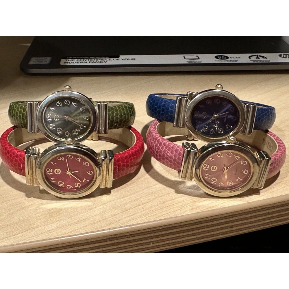 Y2K Vintage Set of 4 Gossip Quartz Bangle Watches Pink Magenta Blue Green
